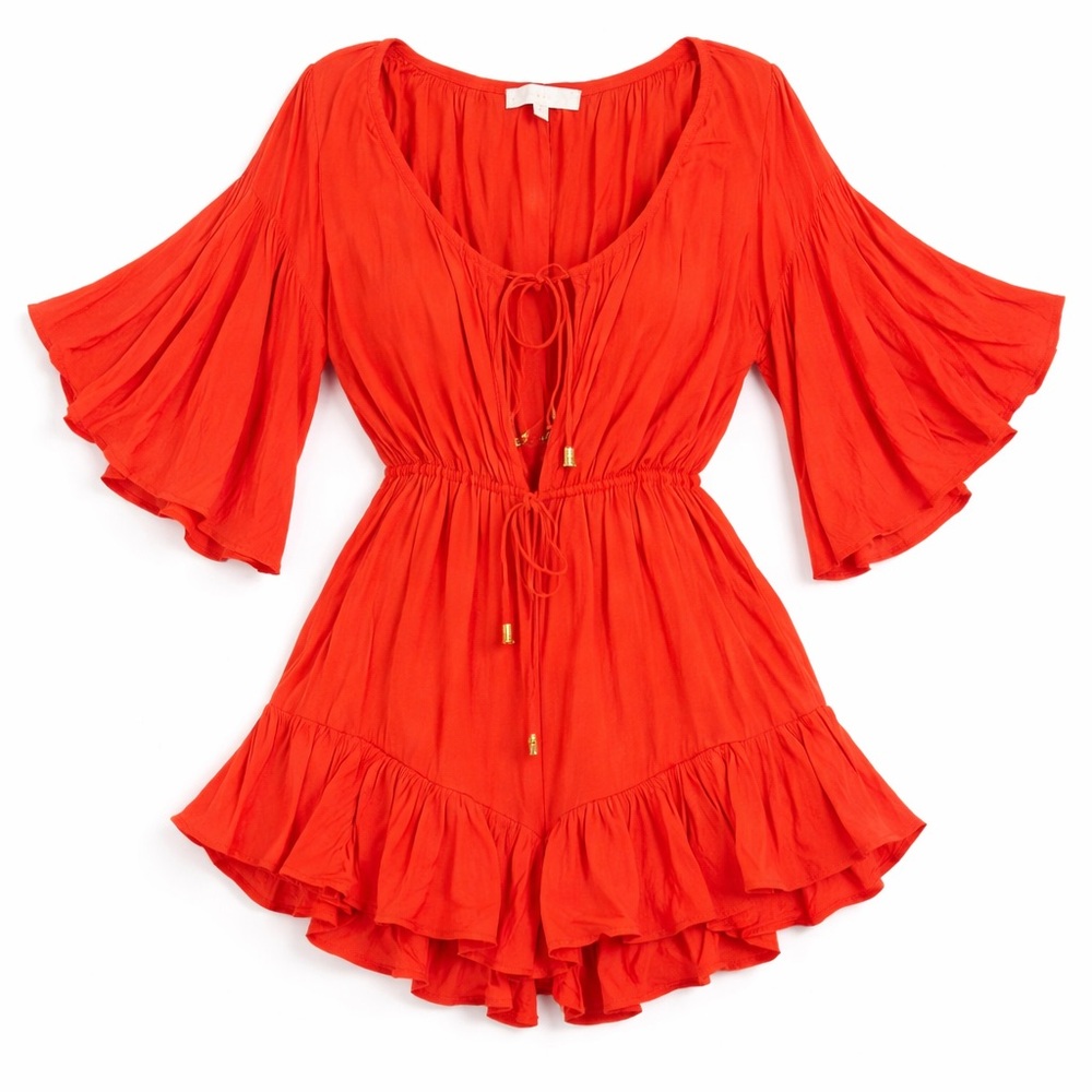 Meshki Red Tie Front Romper Bell Sleeve Flowy Playsuit Size M